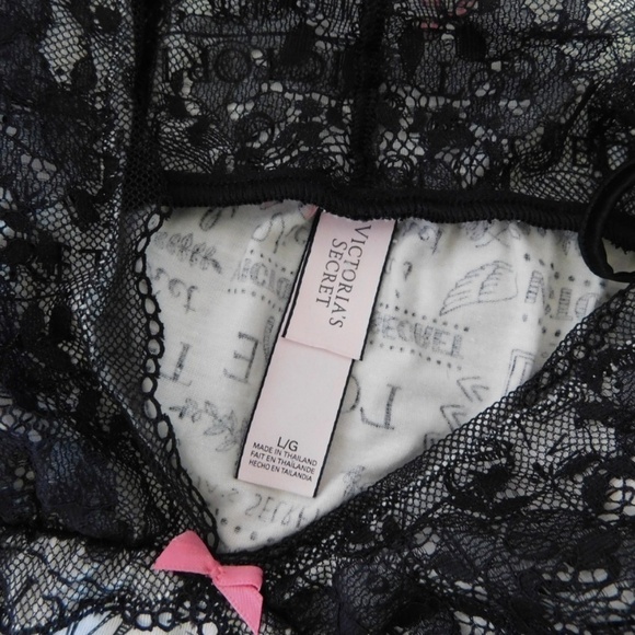 VICTORIA’S SECRET Black Floral Lace Script Print Chemise Gown Nightgown Large - Picture 9 of 12